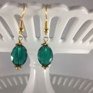 Handmade Earrings Unique Design Emerald Green Gold Multifaceted Crystal